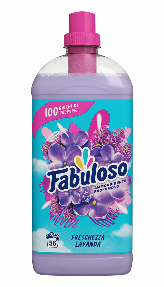 Fabuloso Ammorbidente Concentrato Lavanda 1,250L | 56 Lavaggi | Tecnologia Profumo 3in1 Lunga Durata | Formula 95% Biodegradabile | Stiratura Facile e Azione Rilassante