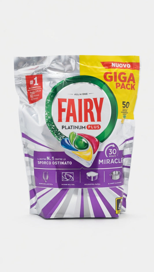 Fairy Platinum Plus Miracle Lavastoviglie 50 Caps Limone – Giga Pack – Azione Anti-Opaco e Pulizia Profonda in 30 Minuti – Efficace su Residui Ostinati senza Pre-lavaggio
