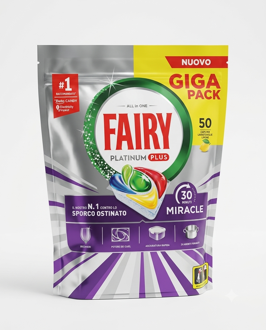 Fairy Platinum Plus Lavastoviglie 50 capsule limone, pulizia profonda, azione anti-opaco e brillantezza delle stoviglie.