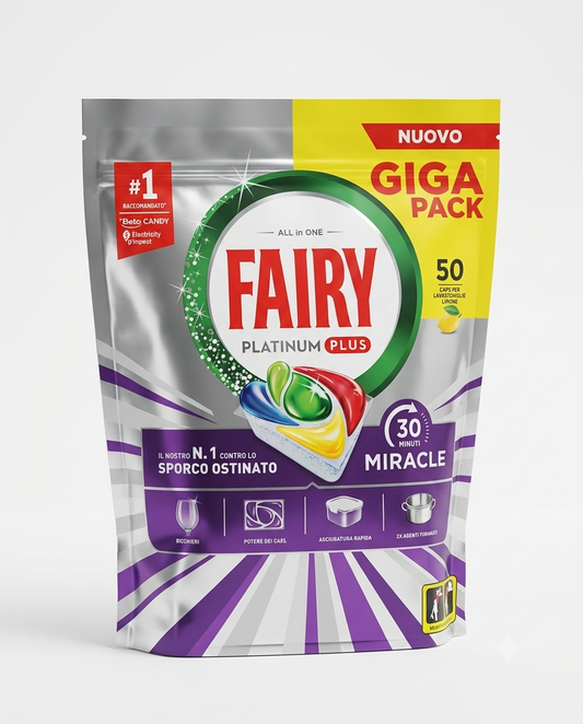 Fairy Platinum Plus Lavastoviglie 50 capsule limone, pulizia profonda, azione anti-opaco e brillantezza delle stoviglie.