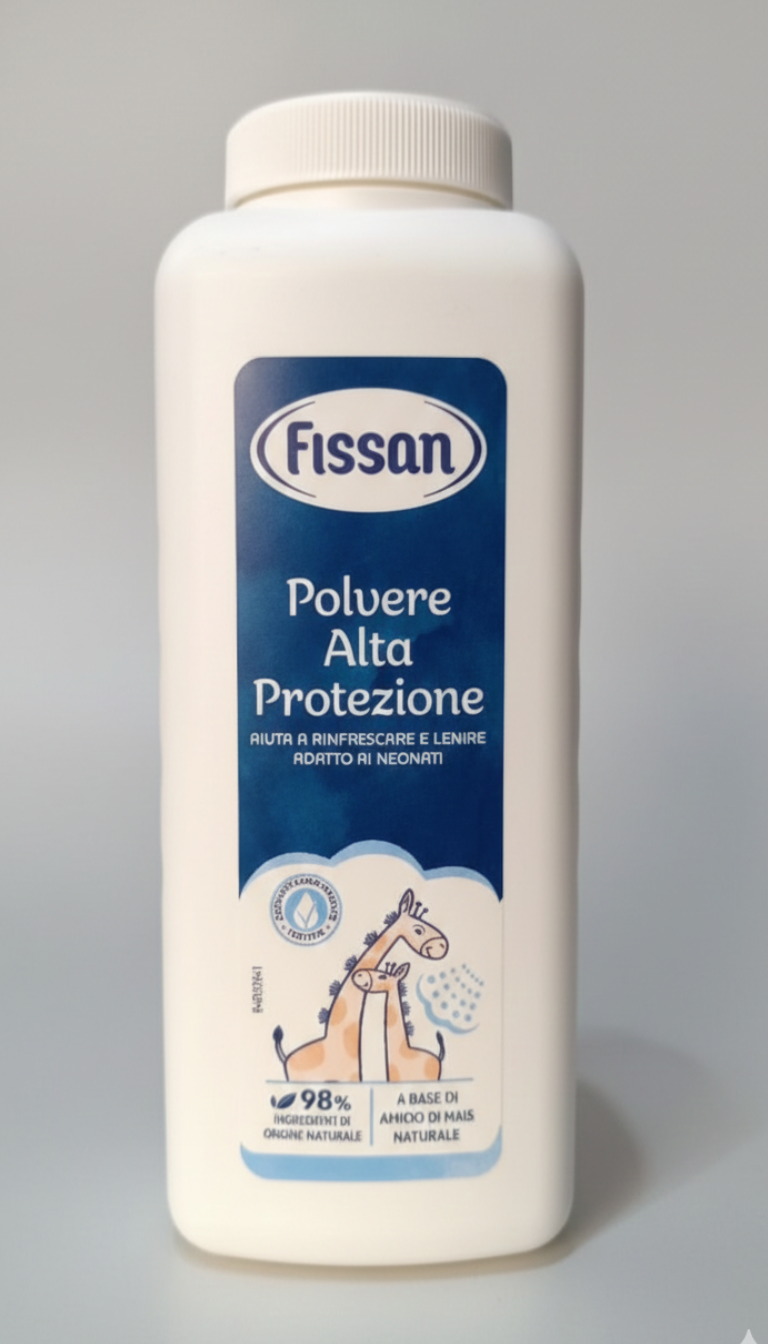 Fissan Polvere Alta Protezione 200g | 98% Ingredienti di Origine Naturale con Amido di Mais | Azione Lenitiva e Rinfrescante | Assorbe l'Umidità e Previene Irritazioni da Pannolino | Formula Ipoallergenica