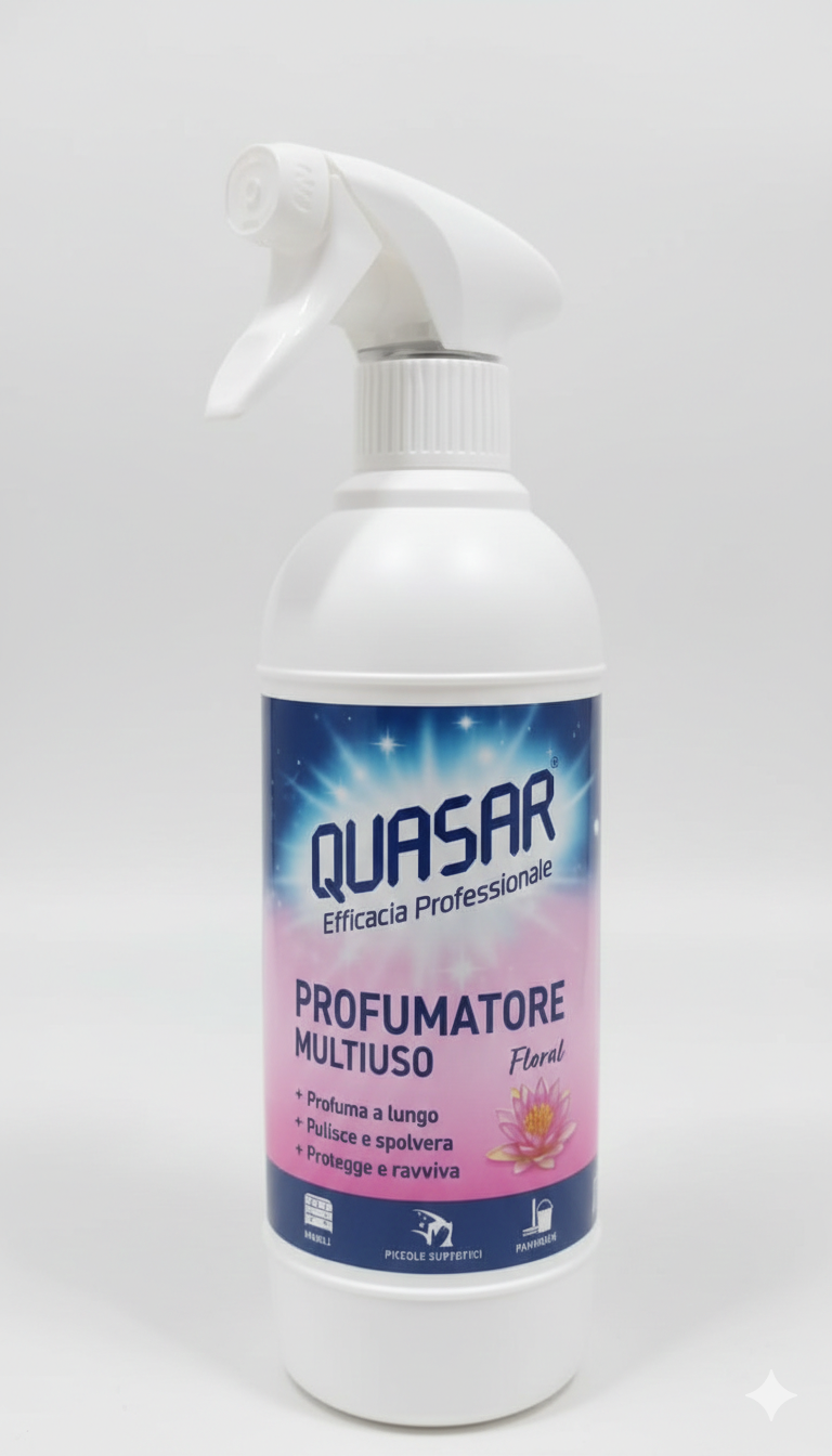 Quasar Profumatore Multiuso Spray 500ml | Azione Professionale 3 in 1: Pulisce, Spolvera e Deodora | Formula Zero Aloni con Effetto Antistatico