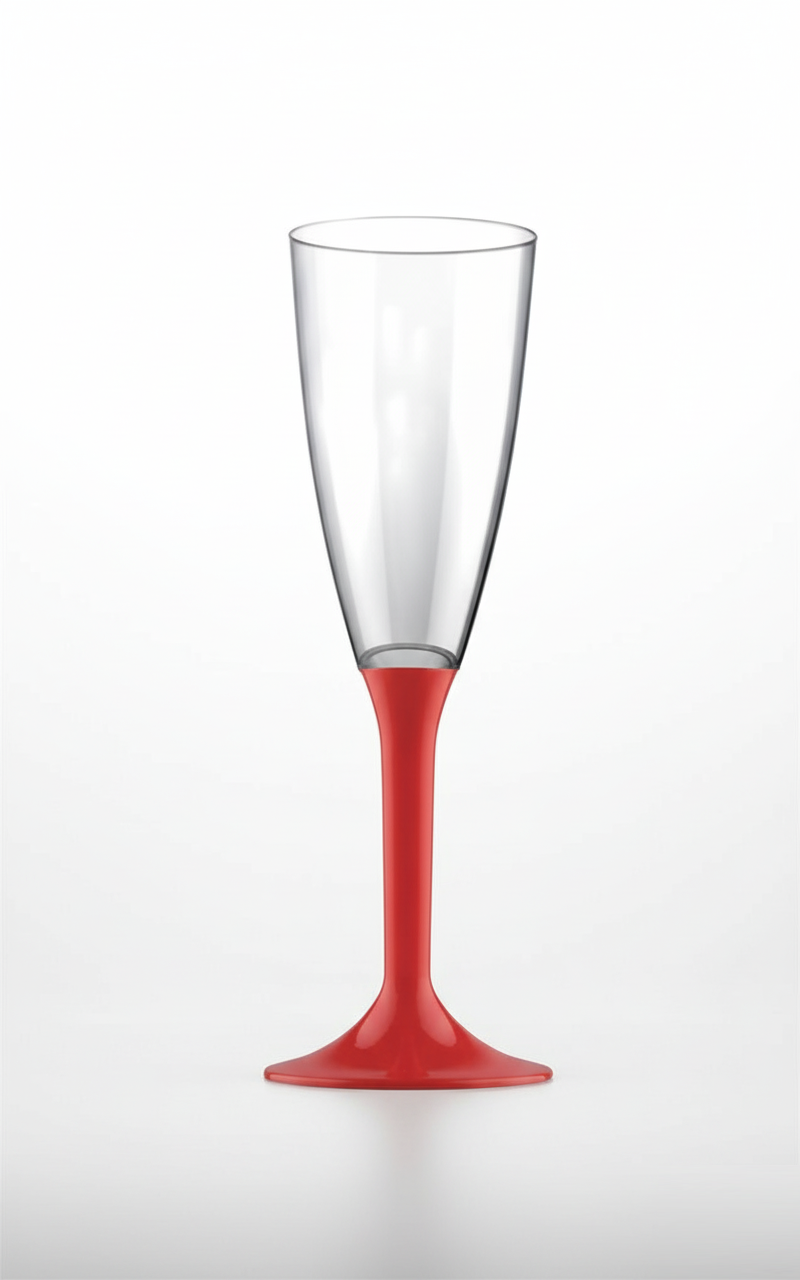 Set 6 Flûte Riutilizzabili Bicchieri Spumante Plastica Dura Eco Gambo Rosso – Perfetti per Feste, Catering ed Eventi