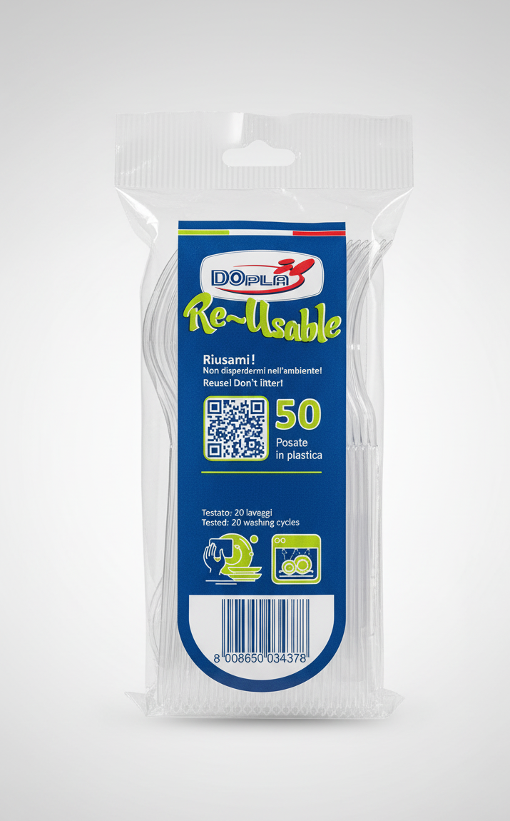 Forchette DOPLA Re-Usable Trasparenti | Confezione da 50 Pezzi | Posate Riutilizzabili e Lavabili (20 Cicli) | Plastica Rigida Professionale per Catering ed Eventi