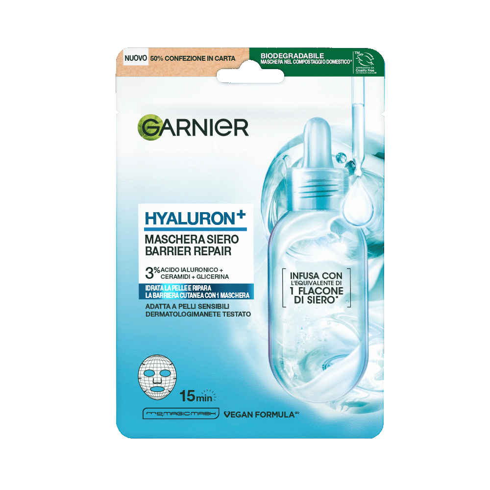 Garnier Hydra Bomb Maschera Siero in Tessuto Hyaluron+ Ceramidi – Ripara la Barriera Cutanea – Con Acido Ialuronico e Glicerina – 28g