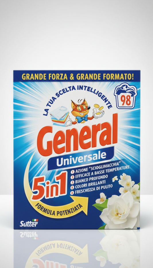 General Universale Detersivo Lavatrice in Polvere 98 Lavaggi (4,41 kg) | Formula Potenziata 5in1 | Azione Scioglimacchia e Brillantezza | Efficace da 20°C | Qualità Sutter