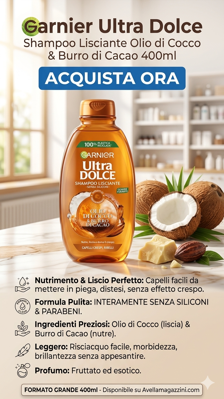 Garnier Ultra Dolce Shampoo Lisciante Olio di Cocco & Burro di Cacao | Anti-Crespo | Capelli Ribelli | Senza Siliconi | 400 ml