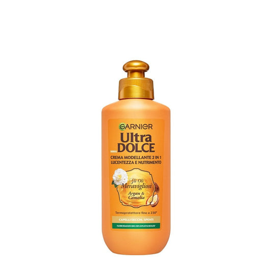 Garnier Ultra Dolce Crema Modellante 2 in 1 Oli Meravigliosi 200 ml, con olio di argan e camelia, trattamento nutriente per donare lucentezza e morbidezza ai capelli con protezione termica fino a 230°C, aiuta a disciplinare il crespo e definire lo styling.