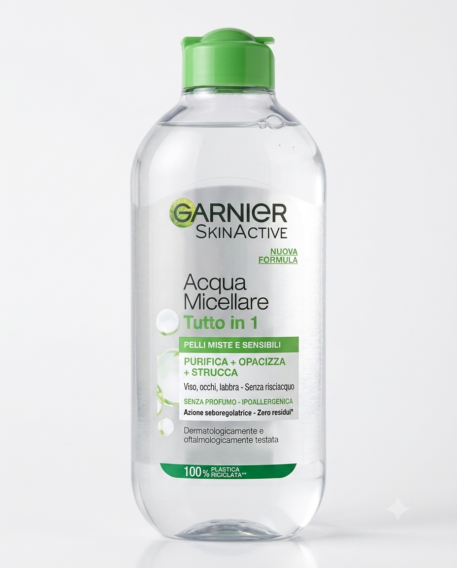 Garnier Acqua Micellare Fresh 400 ml struccante 3 in 1 per pelli normali e miste senza risciacquo, azione purificante ed equilibra sebo.
