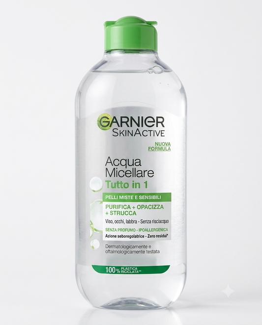 Garnier Acqua Micellare Fresh 400 ml struccante 3 in 1 per pelli normali e miste senza risciacquo, azione purificante ed equilibra sebo.
