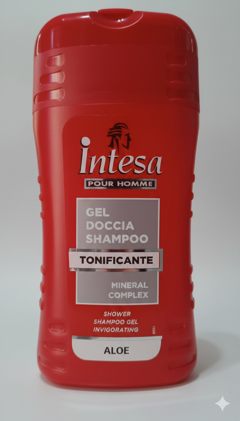 Intesa Pour Homme Doccia Shampoo Tonificante 250ml | 2-in-1 Corpo e Capelli con Aloe Vera e Mineral Complex | Detergente Energizzante Fragranza Woody