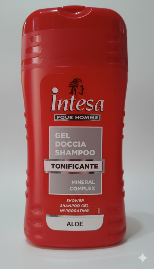 Intesa Pour Homme Doccia Shampoo Tonificante 250ml | 2-in-1 Corpo e Capelli con Aloe Vera e Mineral Complex | Detergente Energizzante Fragranza Woody