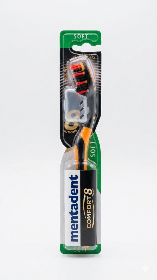 Mentadent Spazzolino Comfort 8 Action Soft | Azione Antiplacca Completa | Approvato ANDI con Pulisci Lingua e Guance
