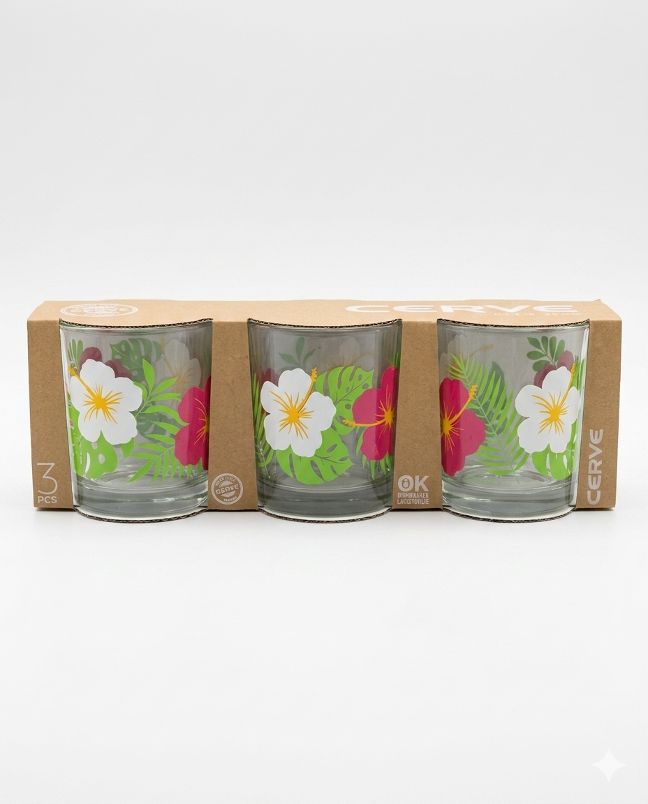 Cerve Primavera Set 3 Bicchieri Acqua 220 ml in Vetro Decorato – Eleganza Floreale per la Tavola Quotidiana