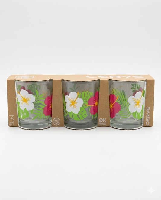 Cerve Primavera Set 3 Bicchieri Acqua 220 ml in Vetro Decorato – Eleganza Floreale per la Tavola Quotidiana