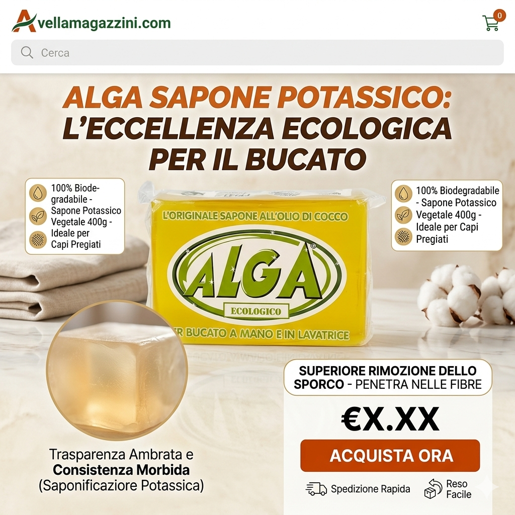 Alga Sapone Bucato Ecologico | Sapone Potassico Vegetale all'Olio di Cocco | 100% Biodegradabile | 400g