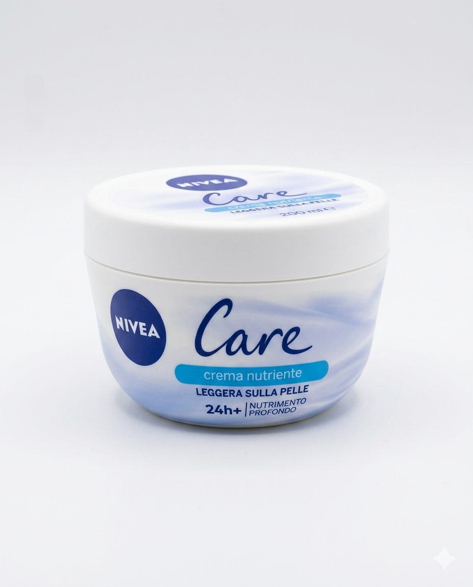 Nivea Care Crema Nutriente Leggera Viso Corpo Mani Idratazione Profonda 24h+ con Burro di Karité Assorbimento Immediato 200ml