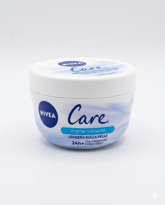 Nivea Care Crema Nutriente Leggera Viso Corpo Mani Idratazione Profonda 24h+ con Burro di Karité Assorbimento Immediato 200ml