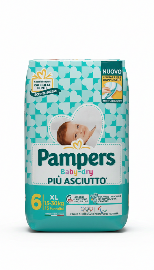 Pampers Baby-dry Pannolini XL Taglia 6 (15-30 kg) | 13 Pezzi | Barriere Doppio Stop Anti-Fuoriuscita | Asciutto Fino a 12 Ore | Protezione Notte e Giorno