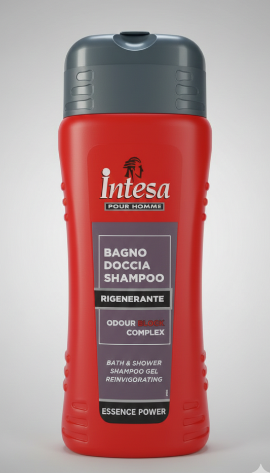 Intesa Pour Homme Bagno Doccia Shampoo Essence Power 500ml | Tecnologia Odour Block | Fragranza Ambra e Muschio di Quercia | Rigenerante 3-in-1