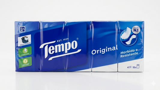 Tempo Fazzoletti 3-in-1 15x9 Pacchetti | 4 Veli Alta Resistenza | Lavabili in Lavatrice e Biodegradabili | Certificati FSC e Packaging Eco