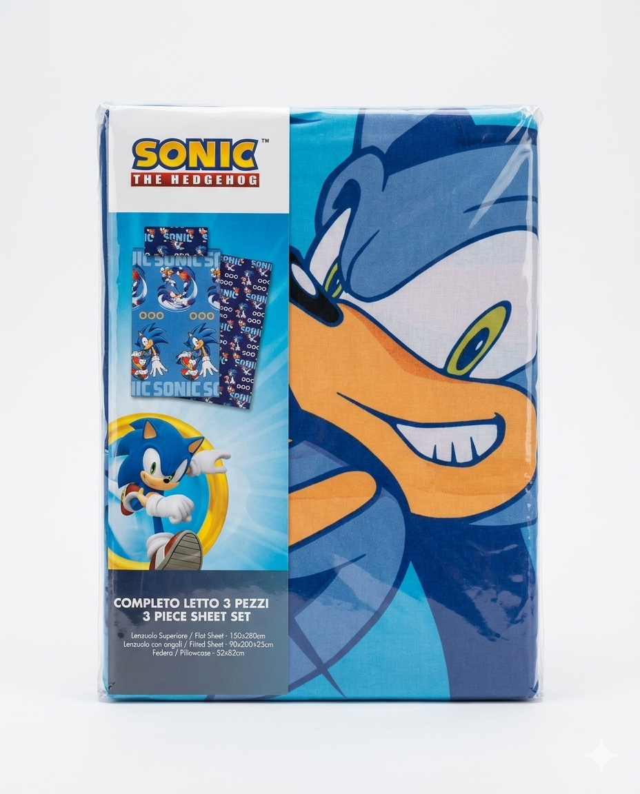 Sonic The Hedgehog Completo Letto Singolo 3 Pezzi in 100% Cotone Originale SEGA Lenzuolo Sopra Sotto con Angoli e Federa Avella Magazzini
