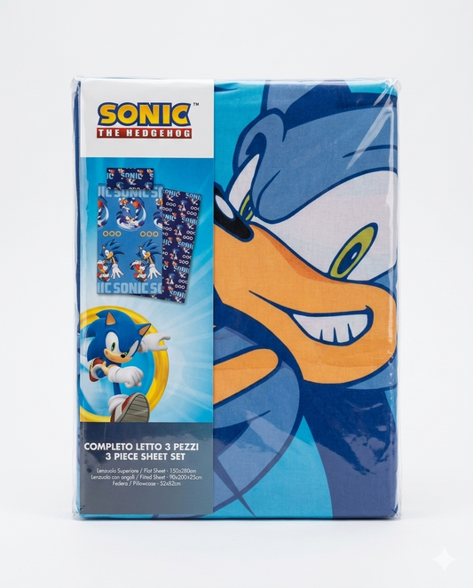 Sonic The Hedgehog Completo Letto Singolo 3 Pezzi in 100% Cotone Originale SEGA Lenzuolo Sopra Sotto con Angoli e Federa Avella Magazzini