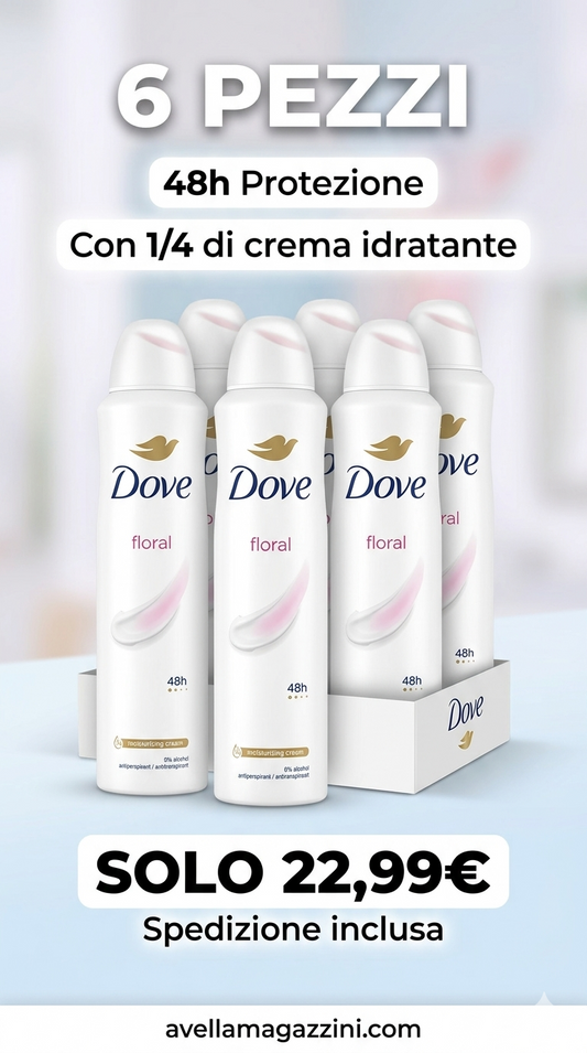Bundle Dove Deodorante Floral 48h Maxi Formato 6X250ml Spedizione Inclusa – Scorta Famiglia con 1/4 di Crema Idratante