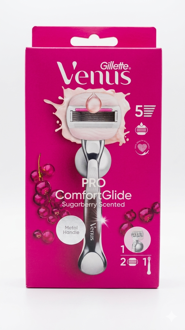 Gillette Venus Pro ComfortGlide Sugarberry – Rasoio Donna con Manico in Metallo e 2 Ricariche – Per Pelle Secca