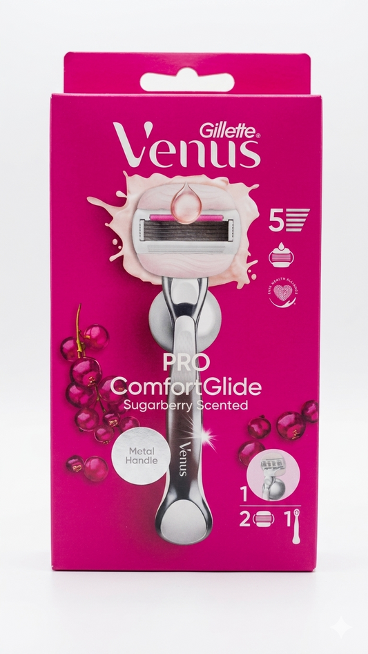 Gillette Venus Pro ComfortGlide Sugarberry – Rasoio Donna con Manico in Metallo e 2 Ricariche – Per Pelle Secca