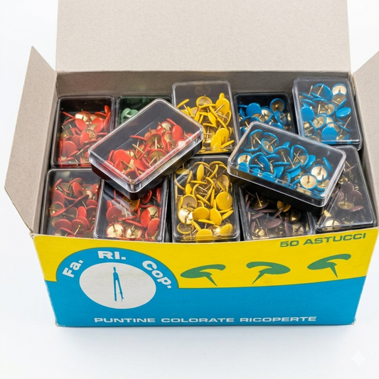 Stock di puntine da disegno colorate plastificate con anima in metallo ottonato, confezione da 50 astucci da 50 pezzi ciascuno (2500 puntine totali), ideali per bacheche, ufficio, scuola e lavori creativi, con punta singola resistente e finitura colorata.