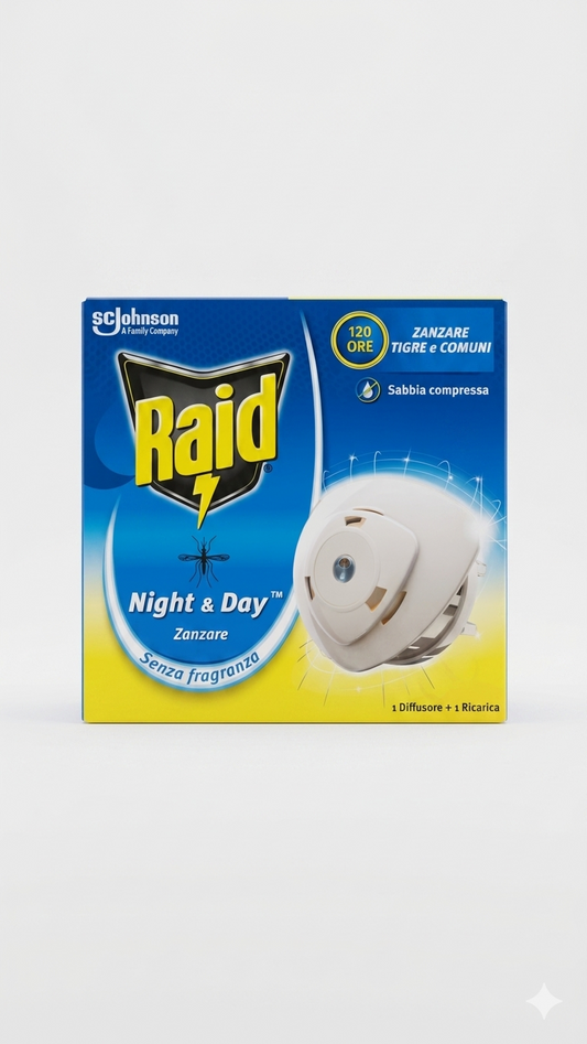 Raid Night & Day | Sabbia Compressa | Diffusore Elettrico + Ricarica – Protezione Antizanzare Continua 120 Ore