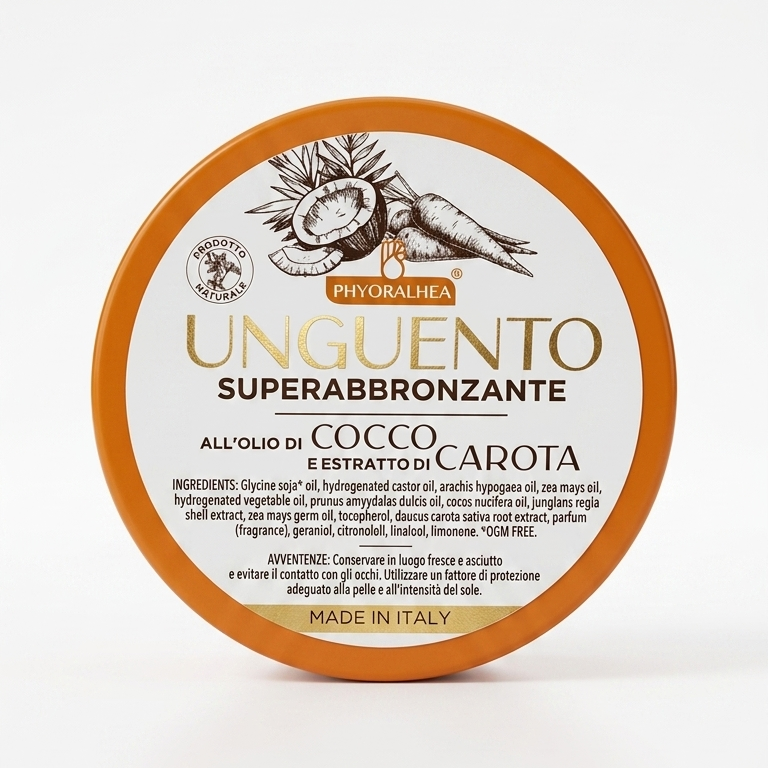 PhyorAlhea® Unguento Superabbronzante Naturale 150g | Con Olio di Cocco, Estratto di Carota e Mallo di Noce | Abbronzatura Intensa e Rapida | Made in Italy