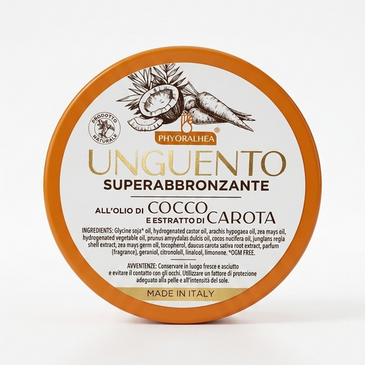 PhyorAlhea® Unguento Superabbronzante Naturale 150g | Con Olio di Cocco, Estratto di Carota e Mallo di Noce | Abbronzatura Intensa e Rapida | Made in Italy