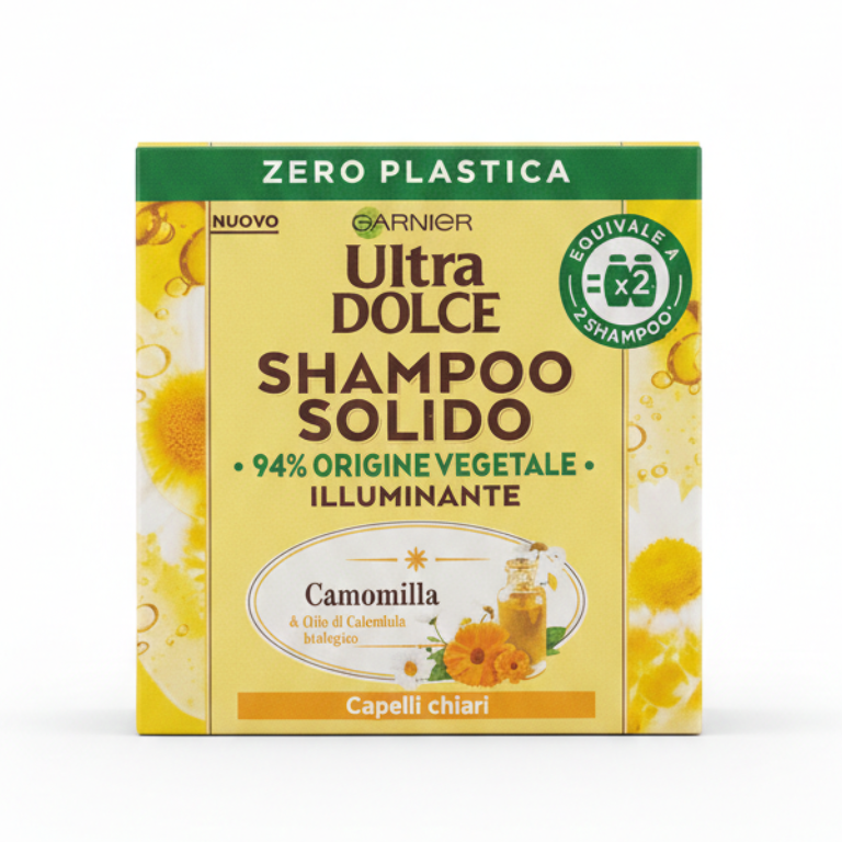 Garnier Ultra Dolce Shampoo Solido Illuminante 60g – Con Camomilla e Olio di Calendula Bio – Zero Plastica