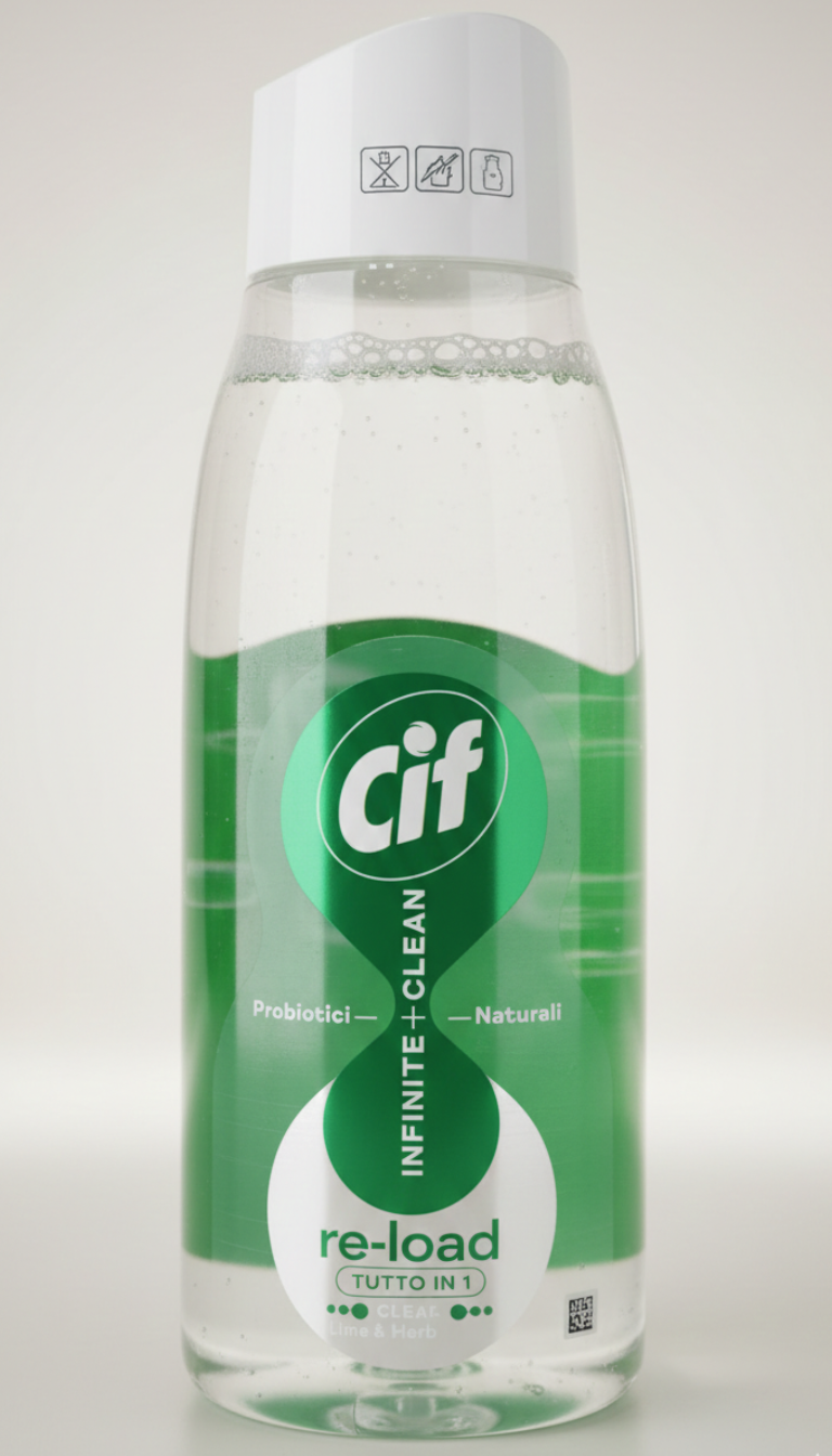 Cif Infinite Clean Re->Load Ricarica 590ml – Detergente Multiuso con Tecnologia Probiotica Attiva 72h – Sicuro su Superfici, Schermi e Tessuti – Eco-Ricarica
