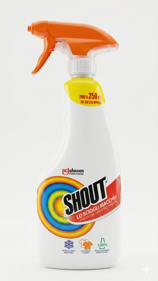 SC Johnson SHOUT Lo Scioglimacchia Spray 500 ml | Rimuove le Macchie più Ostinate al Primo Colpo | Efficace anche in Acqua Fredda | Flacone 100% Plastica Riciclata