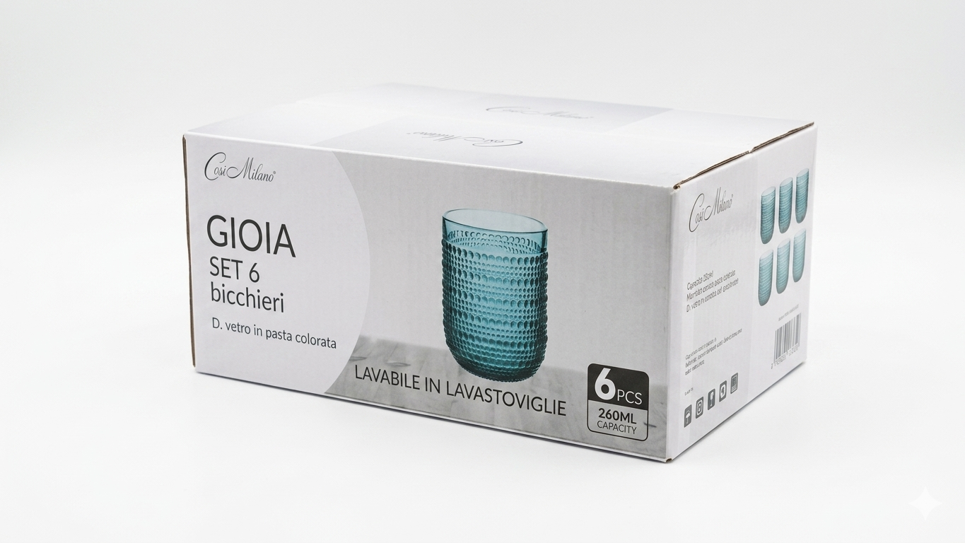 Casa Milano Set 6 Bicchieri Gioia 250ml – Vetro in Pasta Colorata ad Alta Resistenza – Lavabili in Lavastoviglie – Design Made in Italy