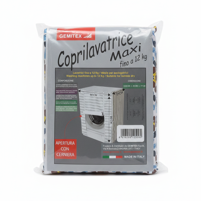 Coprilavatrice Maxi GEMITEX per Lavatrici e Asciugatrici fino a 12 kg | Dimensioni 80x60x77 cm | Protezione in PVC con Apertura a Cerniera | Fantasie Assortite Made in Italy