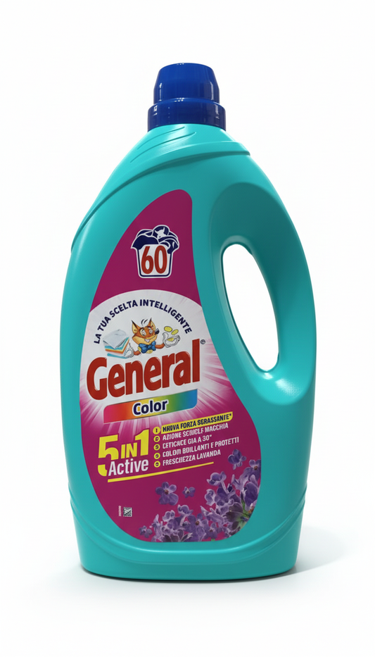 General Detersivo Liquido Lavatrice Color 5 in 1 2,4L, fino a 60 lavaggi, protegge i colori dallo sbiadimento, smacchia a fondo ed è efficace anche a basse temperature.