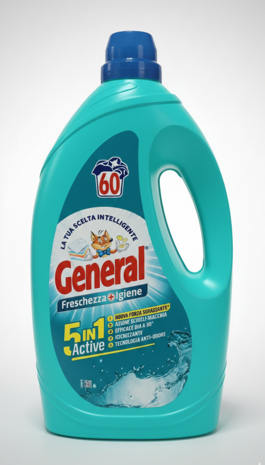 General Detersivo Liquido Freschezza + Igiene 2.85 Litri | 60 Lavaggi | Formula 5in1 Active | Sgrassante, Sciogli-Macchia e Anti-Odore