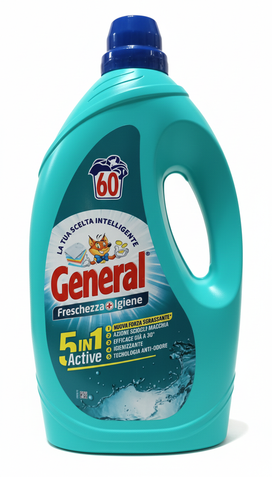 General | Detersivo Liquido Lavatrice | Freschezza e Igiene 5 in 1 | 2.40 Litri | 60 Lavaggi | Azione Igienizzante, Smacchiante e Anti-Odore | Pulizia Profonda e Freschezza Intensa | Efficace a Freddo