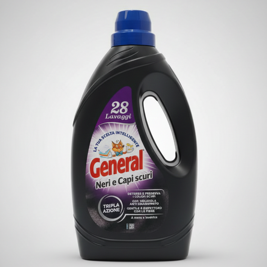 General Detersivo Liquido Capi Scuri e Neri 1400 ml, 28 lavaggi, formula salva-colore e anti-grigio per denim e tessuti scuri, efficace anche a basse temperature.