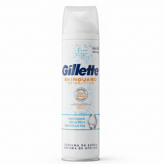 Gillette SkinGuard Sensitive Schiuma da Barba 250ml, formula clinicamente testata per pelle sensibile, schiuma protettiva senza alcol e coloranti per una rasatura delicata e confortevole