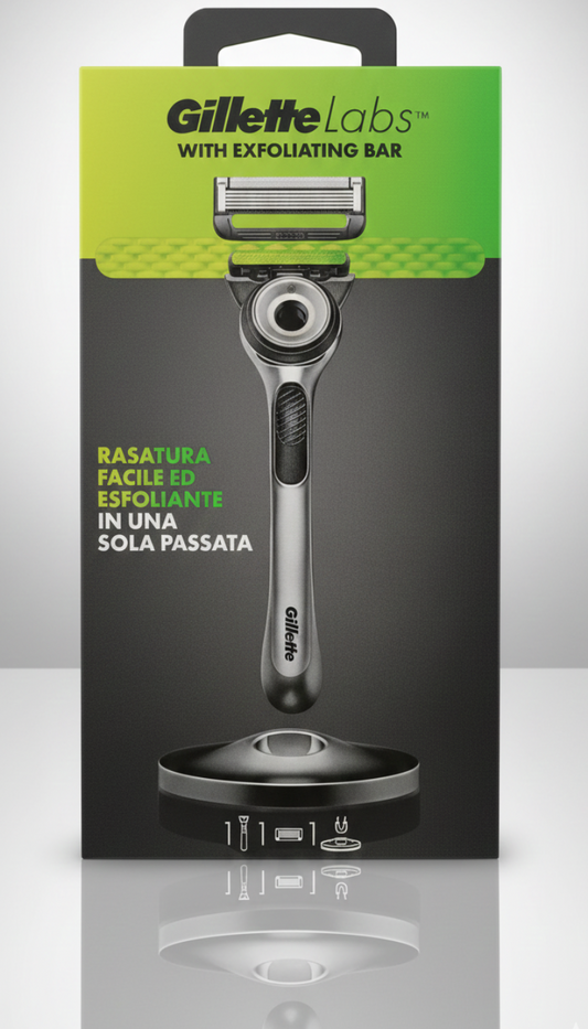 Gillette Labs Rasoio Silver con Barra Esfoliante Integrata | Tecnologia FlexDisc 2D | Base Magnetica Inclusa | Design Premium in Metallo | 1 Ricarica Inclusa
