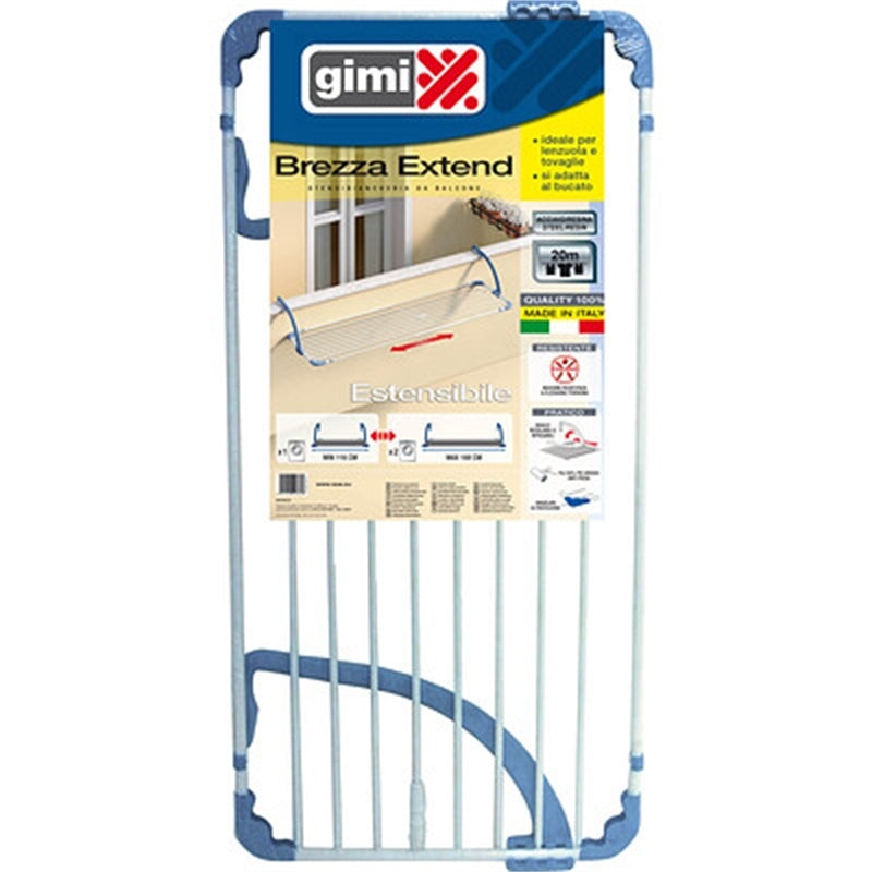 Gimi Brezza Extend Stendibiancheria da Balcone Estensibile | Da 11 a 20 Metri di Stenditura | Struttura in Alluminio e Resina Antiruggine | Bracci Regolabili e Robusti | Design Salvaspazio per Ringhiere e Balaustre