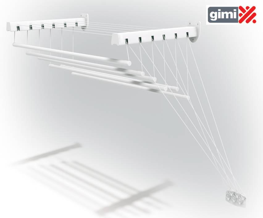 Gimi Lift 140 Stendibiancheria Saliscendi | Sistema a Parete e Soffitto con 8,5m di Stenditura | Salvaspazio in Acciaio per Lavanderia | 6 Barre Indipendenti