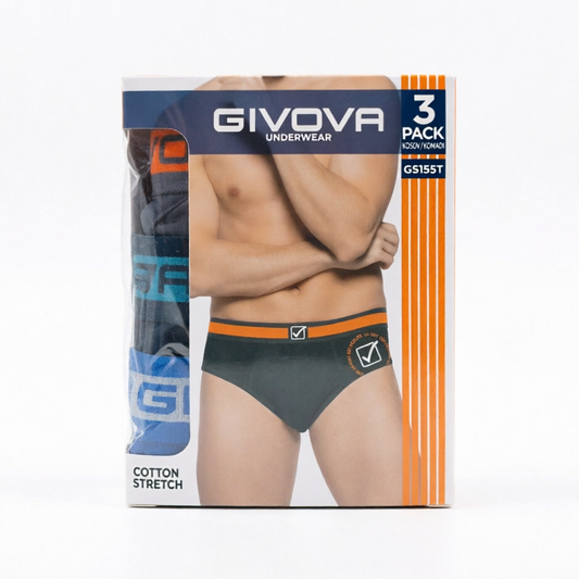 Givova set 3 slip uomo in cotone bielastico, vestibilità aderente, elastico logato, comfort e traspirabilità quotidiana.