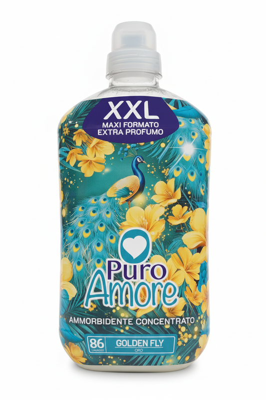 Puro Amore Ammorbidente Concentrato Golden Fly 1806 ml Maxi XXL – 86 Lavaggi con Oli Essenziali – Morbidezza Regale e Stiro Facile