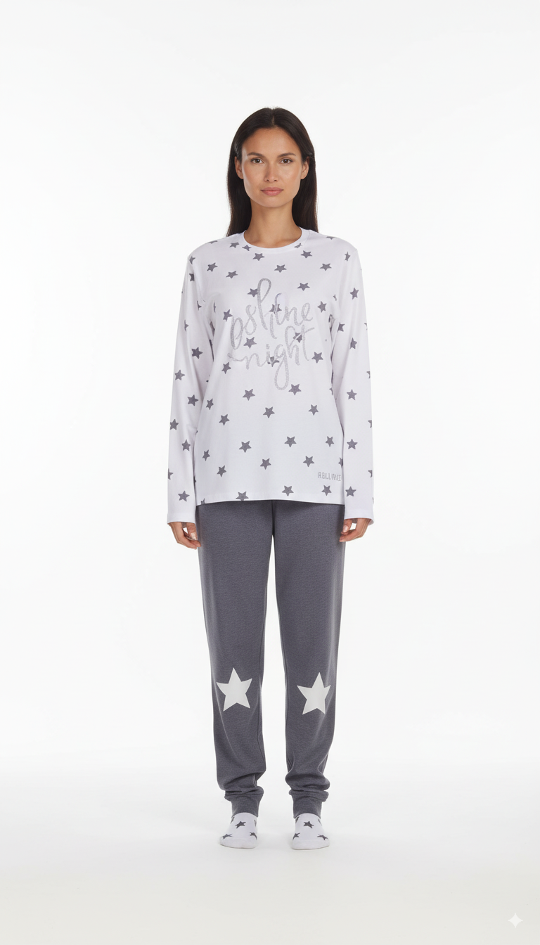 Reliable Pigiama Donna Margot | Caldo Cotone, con Calzini Inclusi, Fantasia Stelle